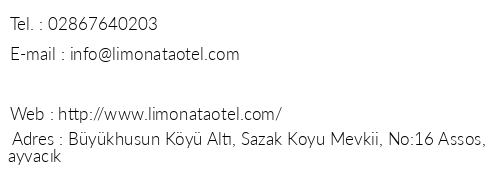 Limonata Butik Otel telefon numaralar, faks, e-mail, posta adresi ve iletiim bilgileri